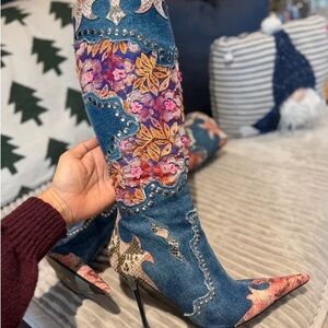 Floral Embellished Denim Knee-High Boots